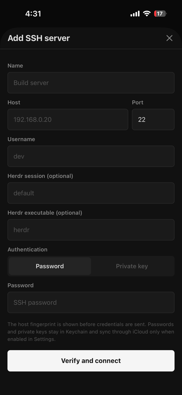 SSH server connection form