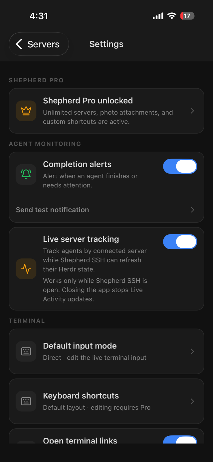 Live server tracking and terminal settings